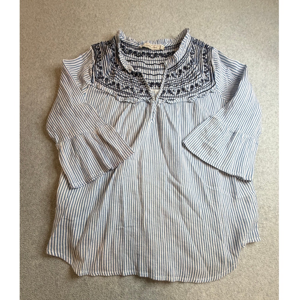 Abercrombie & Fitch Embroidered Boho Peasant Blouse Blue White Striped Small